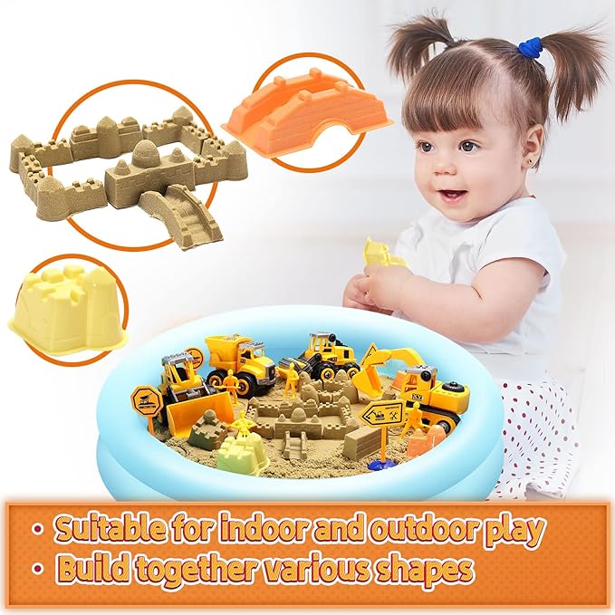 Play Construction Sand Kit,2.2lbs Magic Sand W/4 Large Take Apart Construction Trucks,1 Sandbox,8 Worker Figures and Road Signs,8 Molds,Toys for 2-8 Years Old Boys Girls-VerdiqueGarden