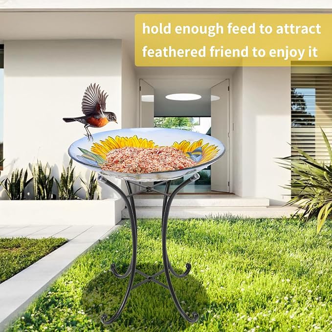 VCUTEKA Bird Baths for Outdoors, Glass Bird Bath with Metal Standing for Garden, Yards Patio Décor, Bird Lovers Gift, Sunflower Glass Birdbath Detachable (22" H * 18" W)-VerdiqueGarden
