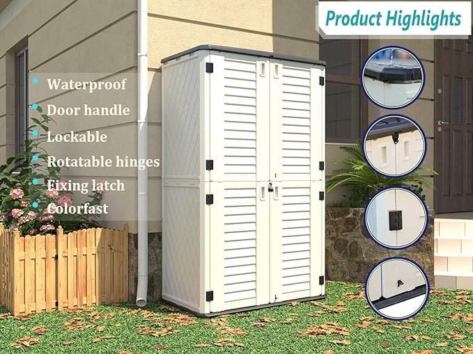 HOMSPARK Storage Shed Weather Resistance, Multi-Purpose Outdoor Storage Cabinet for Backyards and Patios, Vertical Storage Shed for Lawnmower, Patio Accessories (White 1, Tall - 53 cu.ft)-VerdiqueGarden