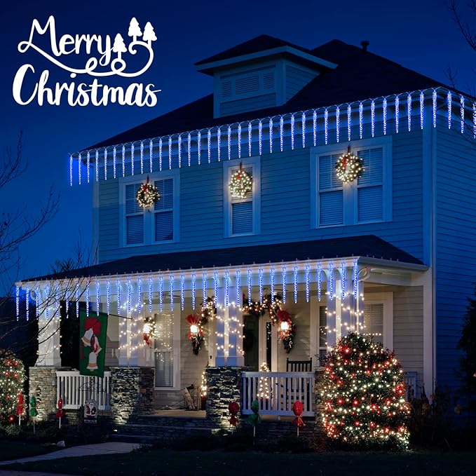 Icicle Lights Outdoor, 19.8Ft Meteor Shower Lights with 20 Tubes, Snowfall Shooting Star Light Effect, Falling Cascading Crystal Christmas Decorations for House, Eave, Roofline, Patio, Blue-VerdiqueGarden