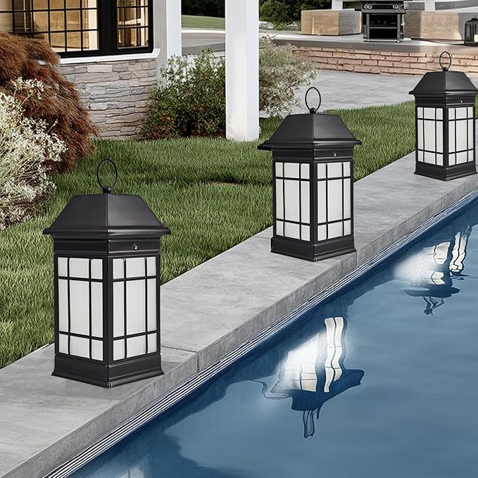 14" Solar Lantern Outdoor Waterproof, Glass Flickering Flame Solar Lanterns, Hanging Metal Lantern Decorative for Patio Front Porch Garden Backyard Tabletop Mothers Day Gifts Mom-VerdiqueGarden