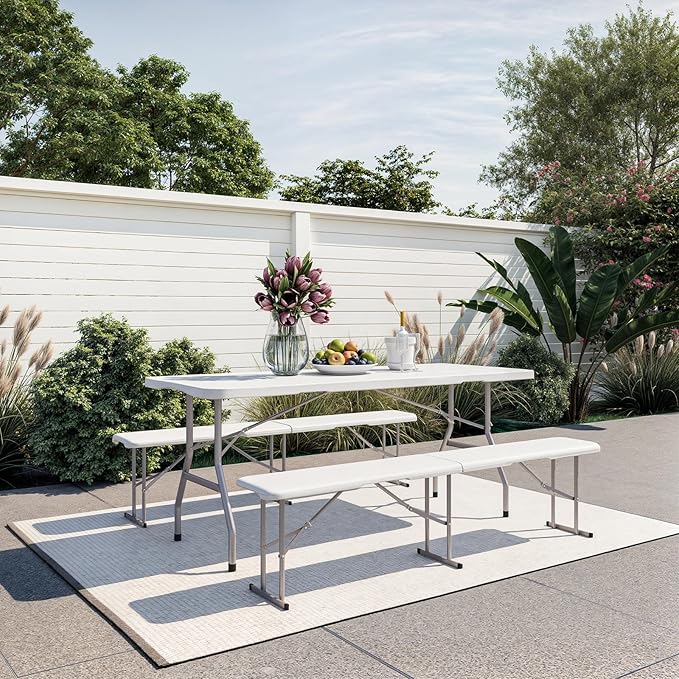 6ft HDPE Folding Bench, Foldable Seat with Sturdy Frame and Security Lock for Indoor and Outdoor, Multipurpose Entertaining Activities, Portable and Easy to Store, 2 Pack, White-VerdiqueGarden