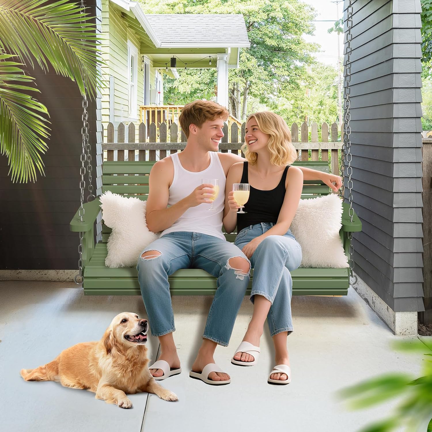 VINGLI Upgraded Patio Wooden Porch Swing for Courtyard & Garden, Heavy Duty 880 LBS Swing Chair Bench with Hanging Chains for Outdoors (Green, 4 FT)-VerdiqueGarden