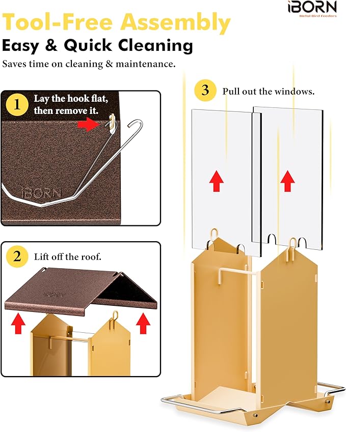iBorn Bird Feeders for Outdoors,Bird House Feeder with Weatherproof Metal Roof & 8 Drain Holes,Fully Detachable Birdfeeder Design,Easy Clean & Refill,Chew-Proof PC Windows,1.5 Lbs Capacity,Coffee Roof-VerdiqueGarden