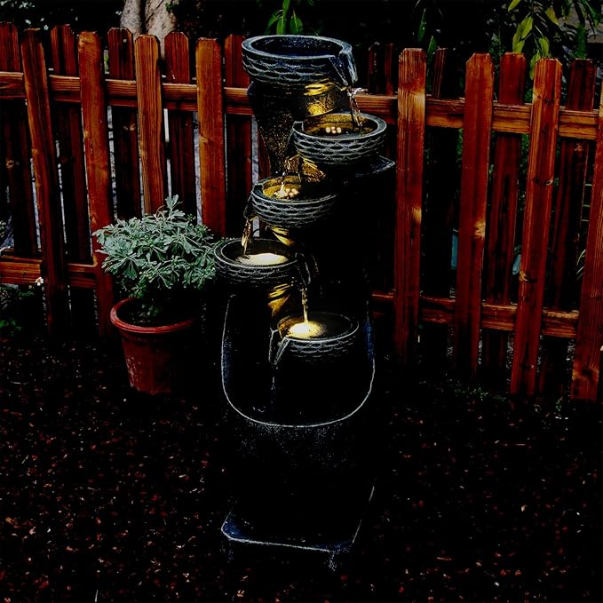 35.83''H Indoor Outdoor Modern Water Fountain 6-Tiers Garden Cascading Fountains Curve Shape Floor Standing Waterfall Water Feature with LED Light for Yard Deck Patio Home Art Decor-VerdiqueGarden