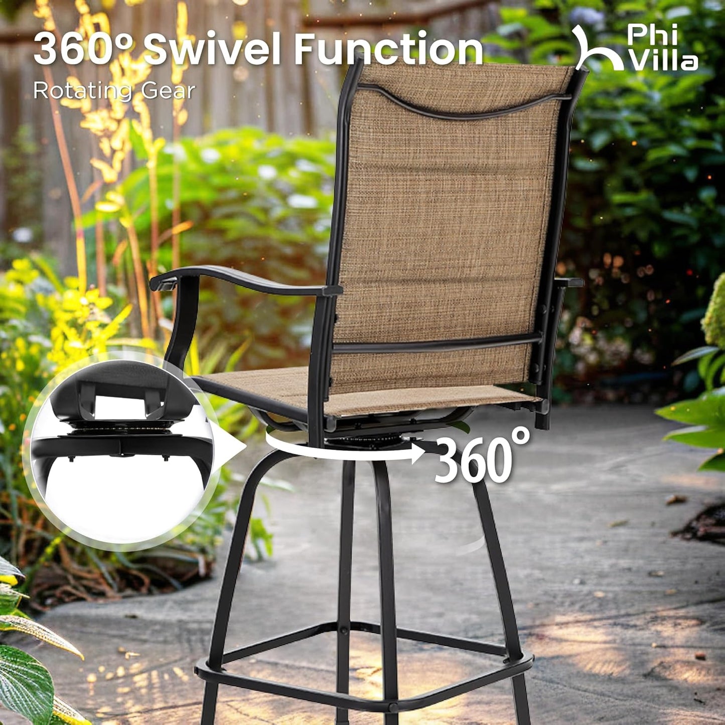 PHI VILLA 3 Piece Outdoor Swivel Bar Stools Set, Bar Height Patio Set with 2 Padded Textilene Fabric Chairs, All-Weather High Top Patio Bistro Table and Chairs Furniture, Brown-VerdiqueGarden