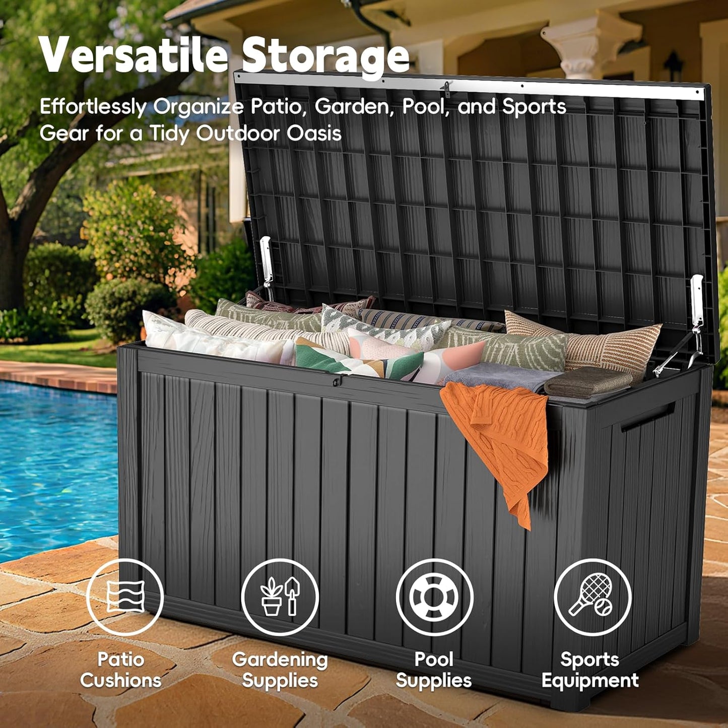 Outdoor Storage Box, 180 Gallon Waterproof Resin Deck Box, Storage Bin for Package Delivery, Patio Furniture Cushion, Garden Tools, Pool Accessories, Weatherproof and UV Resistant, Black-VerdiqueGarden