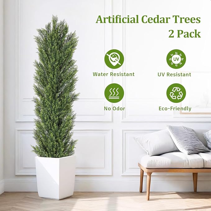THE BLOOM TIMES 6ft Tall Topiary Trees Artificial Outdoor – UV Resistant Faux Cedar Pine Cypress Bushes and Shrubs, Fake Potted Plants for Front Porch Outside Planter Patio Decor, Set of 2 (6 Foot)-VerdiqueGarden