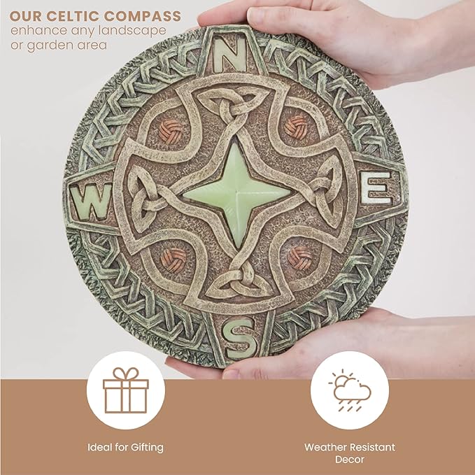 Bits and Pieces - 10” (25.5 cm) Glow-in-The-Dark Celtic Compass Decorative Stone - Yard Decoration – Beautiful Lawn/Garden Stone-VerdiqueGarden