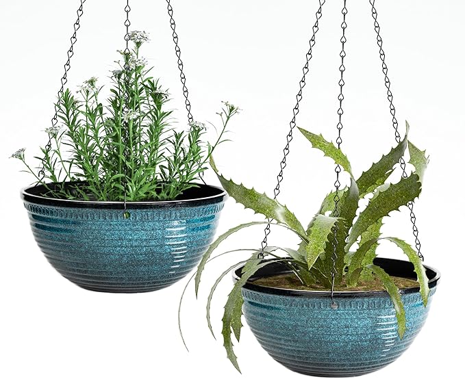 12 inch Hanging Planters for Indoor Outdoor Plants, 2 Pack Large Hanging Flower Pots with Drainage Holes and Chain, Glazed Hanging Baskets for Home Garden Decoration, Blue-VerdiqueGarden