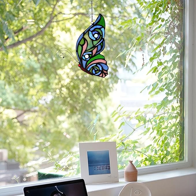 Stained Glass Window Hangings Butterfly Tiffany Style Butterfly Suncatcher for Window Hanging Suncatchers Handcrafted Ornament (Green&Blue)-VerdiqueGarden