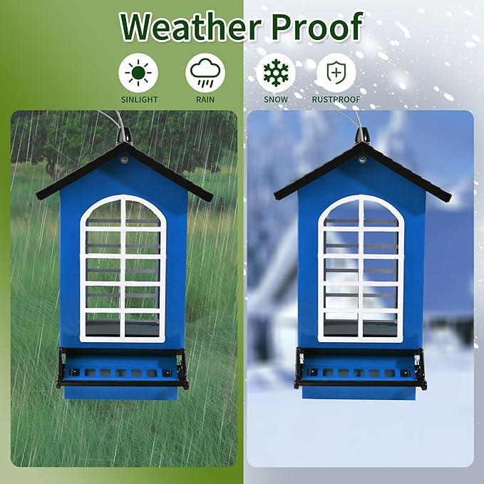Bird Feeder Squirrel Proof Metal Hanging for Outdoor Wild Bird Seed, 5LBS with Bilateral Weight-Activated Perches, Heavy Duty Bird Feeders for Outside Wild Bird - Blue-VerdiqueGarden