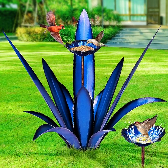Upgraded Large Metal Yard Art, Metal Agave Plant Yard Decorations Outdoor Sculpture, Metal Flowers for Outside, Waterproof Outdoor Garden Decor (Blue+ Bird Feeder)-VerdiqueGarden