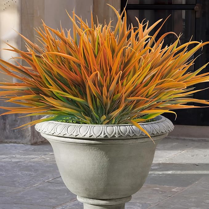 Uieke 6 Bundles Artificial Outdoor Plants UV Resistant Fake Grass Plants Faux Plastic Plants Greenery Shrubs for Home Garden Pathway Window Box Front Porch Summer Fall Decor, Autumn Orange-VerdiqueGarden