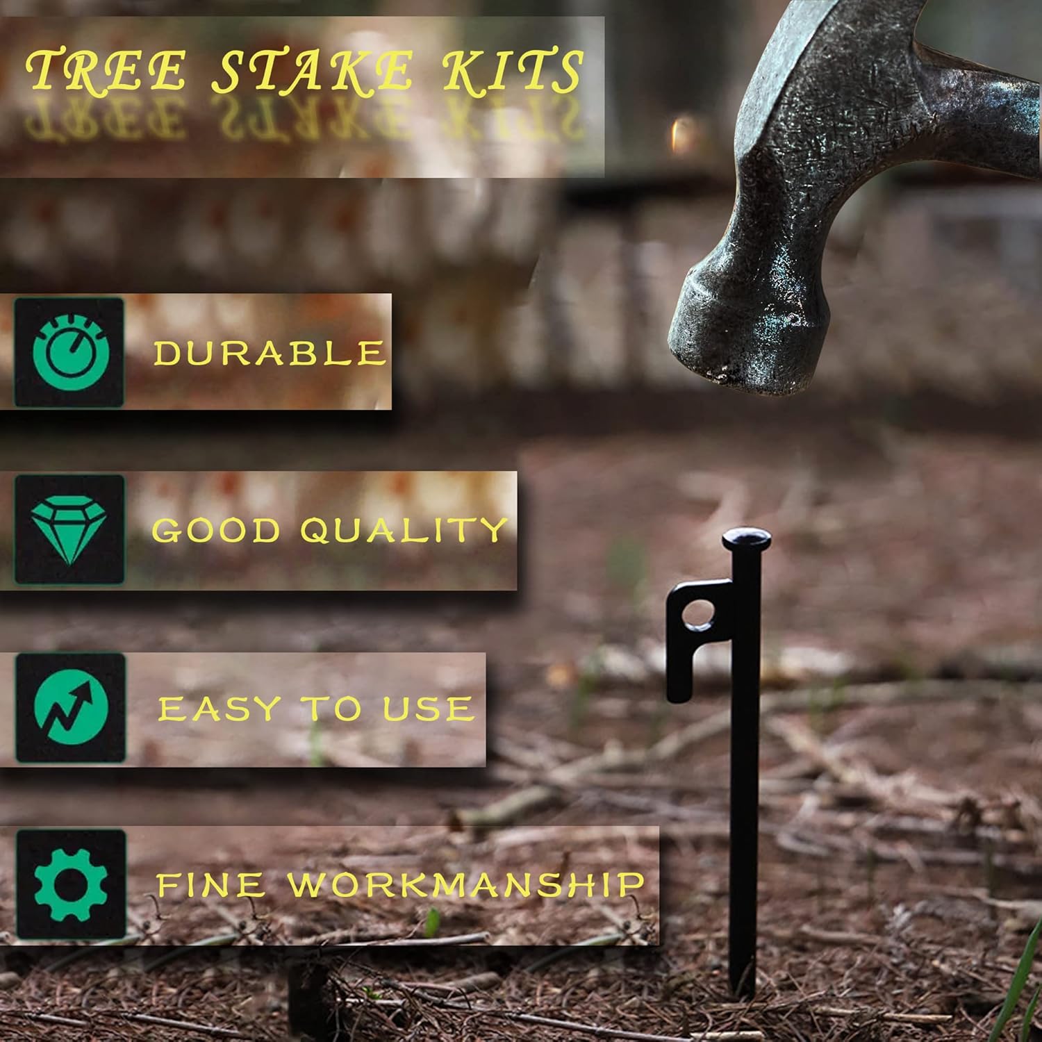 Tree Stake Kits, Tree Stakes and Supports Kits for Hurricane Protection & Bad Weather, Include 4 PCS 11.8" Heavy Duty Steel Tree Stakes, 4 PCS 15.8" Tree Straps and 4PCS 16.4FT Rope-VerdiqueGarden