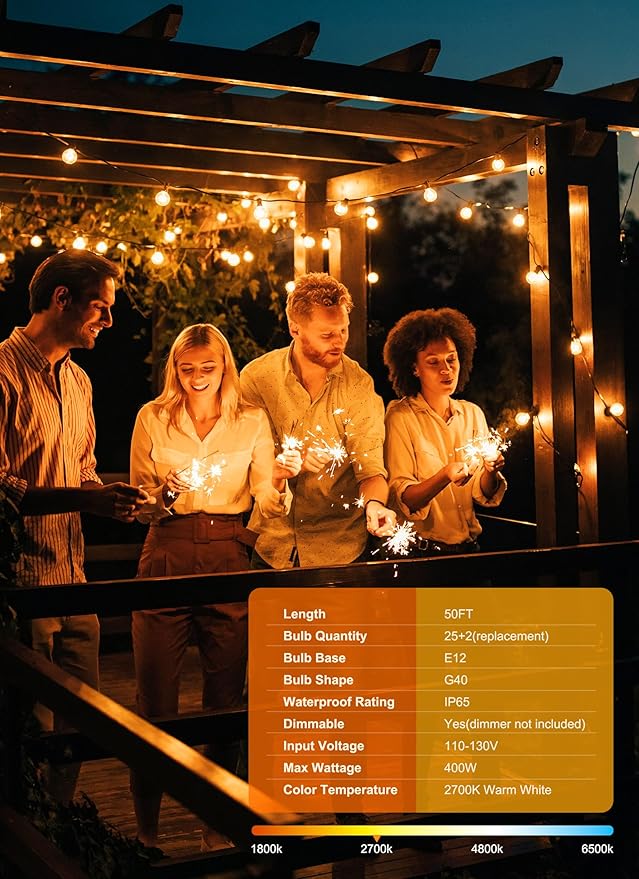 Brightown Outdoor String Lights - Connectable Dimmable LED Patio String Lights with G40 Globe Plastic Bulbs, All Weatherproof Hanging Lights for Outside Backyard Porch (50 ft - 25 LED Bulbs)-VerdiqueGarden
