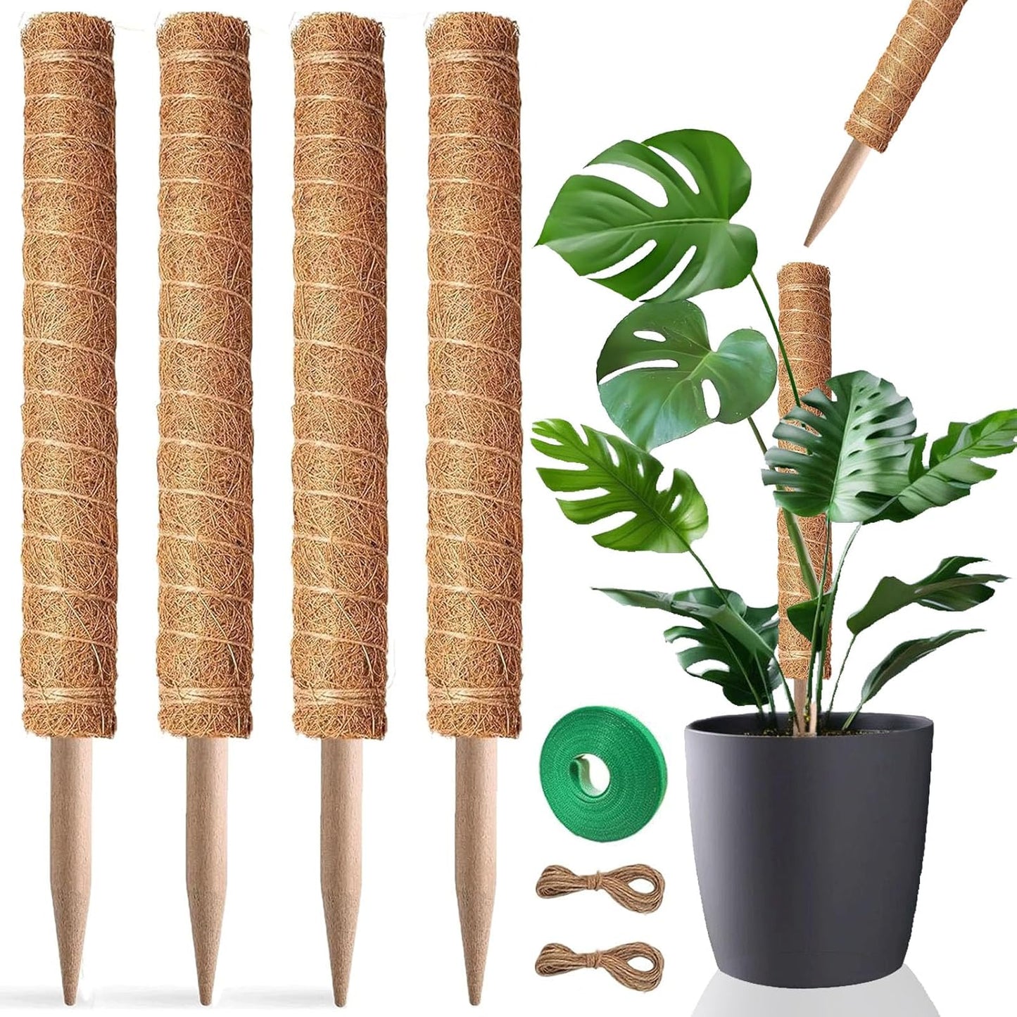 Moss Pole, 4Pack 21 Inch Plant Support Stakes for Indoor Plants, Monstera Plant Support Stakes, 69 Inch Tall Coir Plant Pole Sticks for Potted Plants, Pothos, Philodendron, Climbing Plants Accessories-VerdiqueGarden