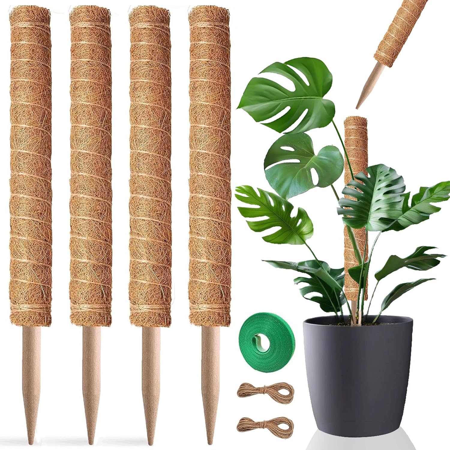 Moss Pole, 4Pack 21 Inch Plant Support Stakes for Indoor Plants, Monstera Plant Support Stakes, 69 Inch Tall Coir Plant Pole Sticks for Potted Plants, Pothos, Philodendron, Climbing Plants Accessories-VerdiqueGarden