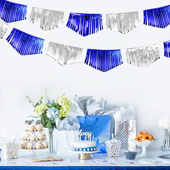 Royal Blue Silver Tassel Banner Metallic Fabric Pennant Bunting Flag for Graduation Birthday Retirement Bachelorette Engagement Wedding Bridal Shower Navy Nautical Ahoy Achor Party Decoration Supplies-VerdiqueGarden