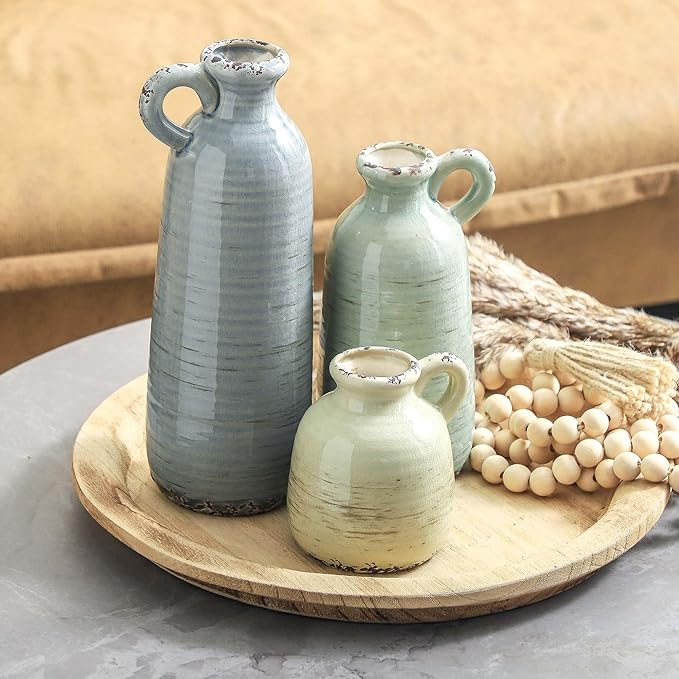 Ceramic Vase Set of 3 | Neutral Vase Home Decor with Handle | Pottery Modern Farmhouse Vases Pampas Grass Flower Vases for Home Decor Table Living Room Centerpieces Mantel Decor - Multicolor-VerdiqueGarden