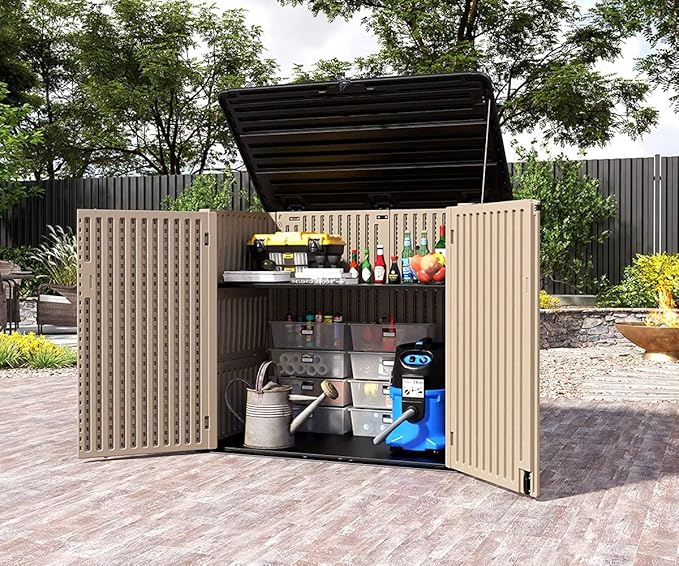 HOMSPARK Storage Shed Weather Resistance, Multi-Purpose Outdoor Storage Cabinet for Backyards and Patios, Horizontal Storage Shed for Lawnmower, Patio Accessories (Coffee, X Large - 48 cu.ft)-VerdiqueGarden