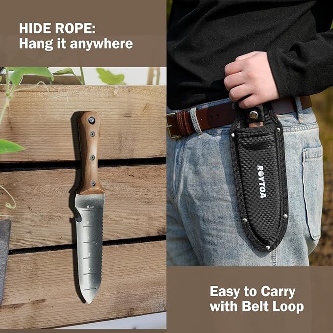 Hori Hori Garden Knife, Garden Tools with Sheath for Weeding,Planting,Digging, 7" Stainless Steel Blade with Cutting Edge, Full-Tang walnut Wood Handle with Hanging Hole-VerdiqueGarden