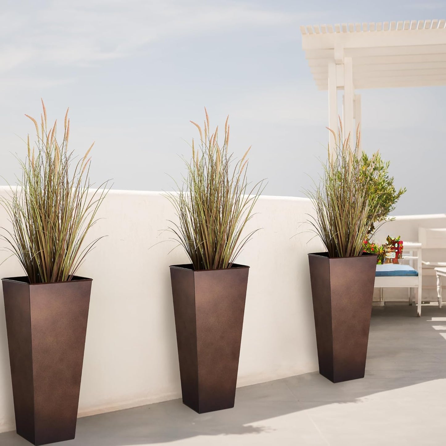 KOL 28''H. Tall Metal Planter with Insert, Set of 2, Galvanized Steel Planter Pots for Indoor & Outdoor Use, Decorative Flower Plant Pots for Front Porch, Patio, Deck - Rust Color-VerdiqueGarden