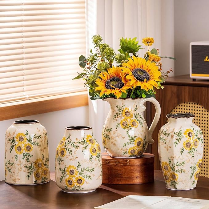 Sunflower Vintage Ceramic Yellow Floral Vase, Beige and Green Chinoiserie Home Decor for Fireplace Mantle, Table Centerpieces, Kitchen Counter, Tuscan, Cute Flower Vase for Living Room Office 7.8 Inch-VerdiqueGarden