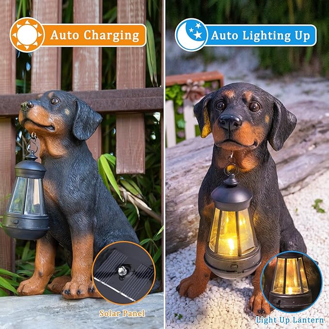 Garden Dog Statues Outdoor Decor, 13" Solar Powered LED Lights Outdoor Statue Garden Decorations Rottweiler Figurine for Patio, Lawn, Yard Art Decoration, Housewarming Garden Gift-VerdiqueGarden