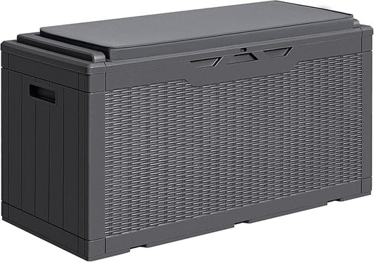 Greesum 100 Gallon Resin Deck Box Large Outdoor Storage with Cushions for Patio Furniture, Garden Tools, Pool Supplies, Weatherproof and UV Resistant, Lockable,Gray-VerdiqueGarden