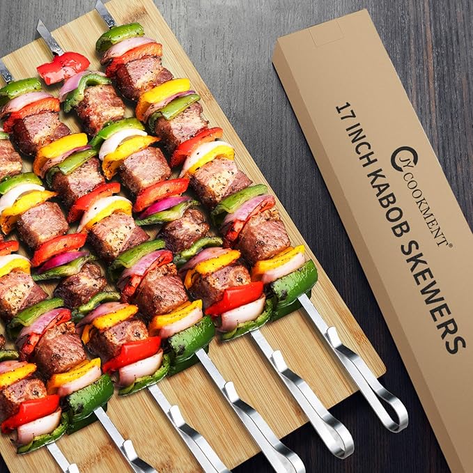 Kabob Skewers 17" Stainless Steel Long BBQ Barbecue Skewers, Flat Metal Kebob Sticks Wide Reusable Grilling Skewers for Meat Chicken,Set of 12 with Storage Bag-VerdiqueGarden