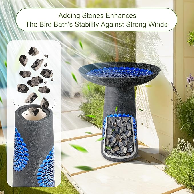 21.5'' Tall Ceramic Bird Bath for Outdoor, Heavy Duty - Cold-Weather Resistant Bird Bath, Garden and Patio Décor - Diamond Blue-VerdiqueGarden
