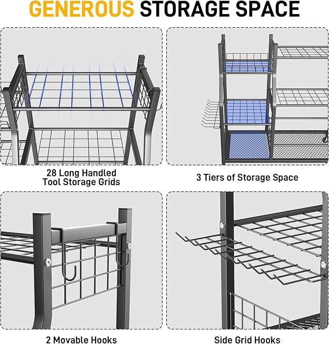 Ultrawall Garden Tool Organizer, Yard Tool Storage Rack for Garage Organization with Lockable Wheels, Garden Tool Stand for Rake, Brooms, Indoor & Outdoor Use-VerdiqueGarden