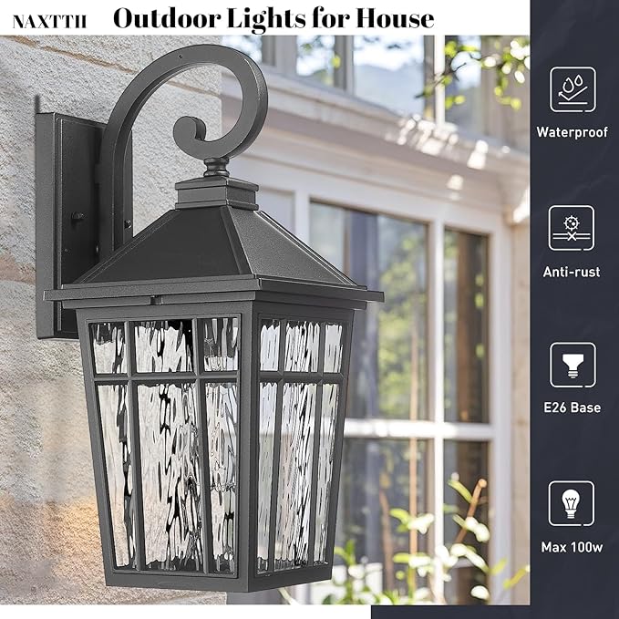 Outdoor Wall Lights 14 Inch Exterior Waterproof Lighting Fixtures Aluminum Material and Water Ripple Glass E26 Socket Black Outdoor Lights for House Garages-VerdiqueGarden