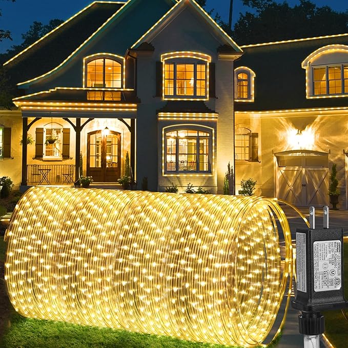 184FT 1000LED Rope Lights Outdoor, Outside LED Rope Lights Plug in String Lights Waterproof 8 Modes Clear Tube Lights for RV Camping Pool Patio Garden Christmas Tree Holiday Decoration(Warm White)-VerdiqueGarden