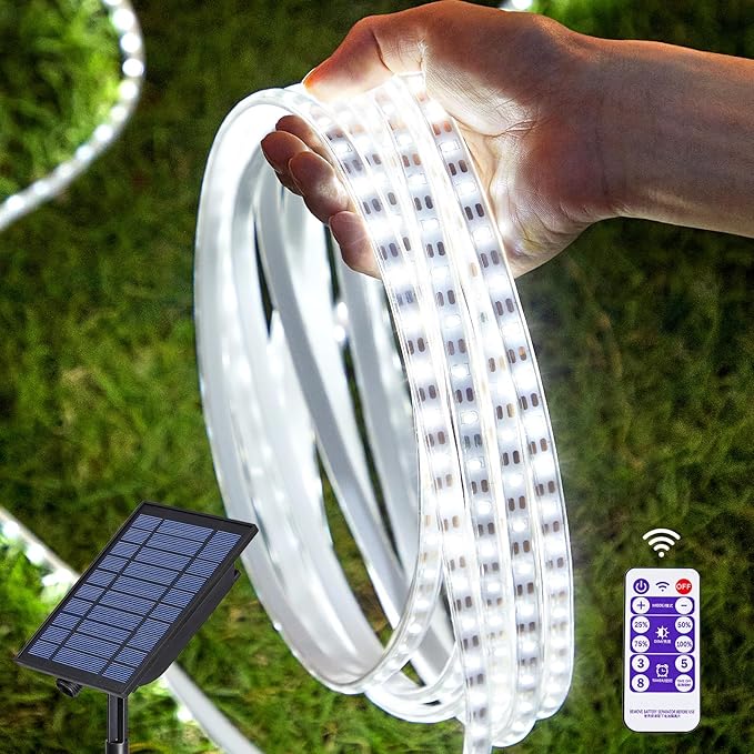 32.8FT 600LED Solar LED Strip Lights Outdoor, Outdoor String Lights Waterproof, 8 Modes Solar Rope Lights with Remote for Step, Stair, Deck, Fence, Patio,Yard Decor (Cool White, 32.8 FT)-VerdiqueGarden