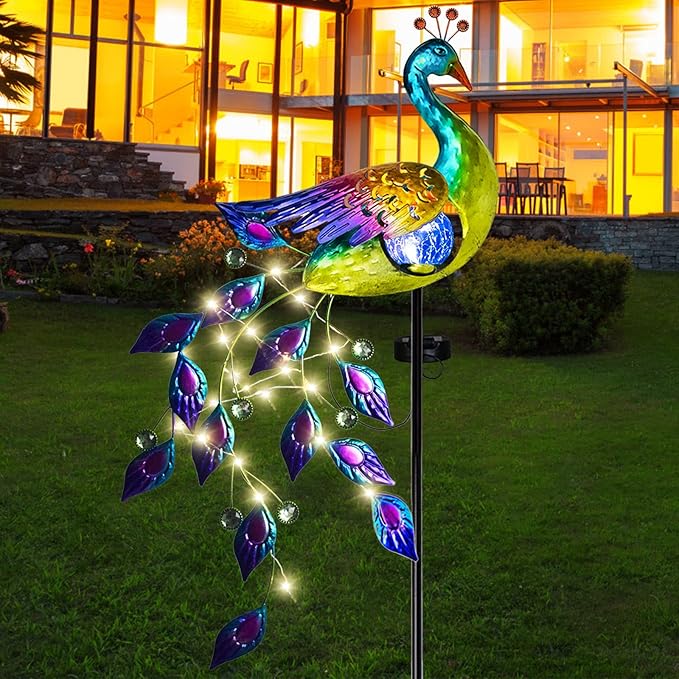 DREAMSOUL Solar Garden Lights Outdoor, Metal Peacock Decor Solar Lights Garden Stakes with Led String Lights, Waterproof Crackle Glass Ball Landscape Path Light for Lawn Patio-VerdiqueGarden