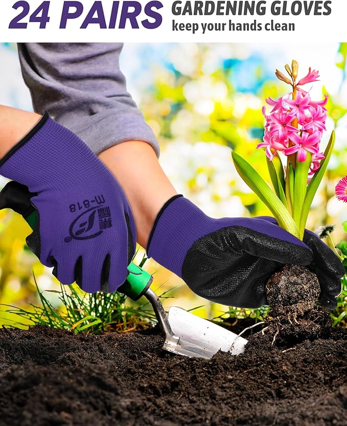 Nuogo 24 Pairs Gardening Gloves for Men Women Rubber Coated Landscaping Work Gloves Safety Work Construction-VerdiqueGarden