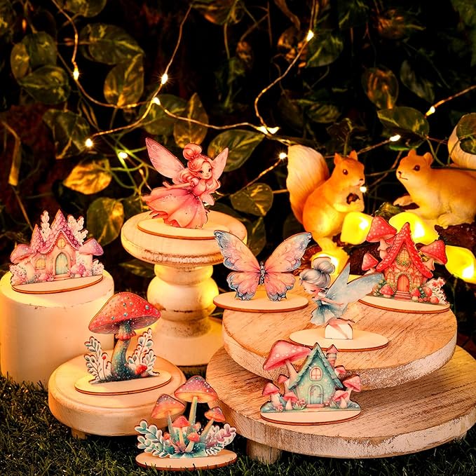 16 Pcs Fairy Party Decorations Wooden Fairies Centerpieces Table Topper Vintage Fairies Mushroom Butterfly Decorations for Home Table Woodland Forest Birthday Party Decor-VerdiqueGarden
