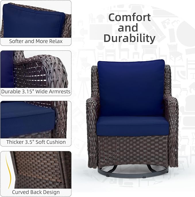 Towallmark Outdoor Swivel Wicker Glider Patio Chairs with Table Set, 3 Pieces Outdoor Bistro Set with 4”Thick Cushions and Coffee Table for Porch, Balcony, Deck (Blue)-VerdiqueGarden