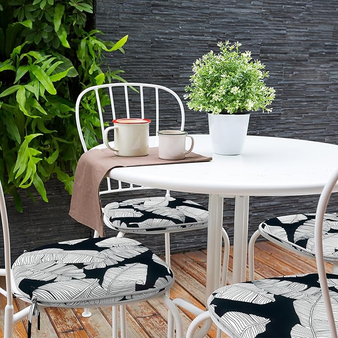 Indoor/Outdoor Chair Cushions 16x17 Inch, Patio Chair Cushions with Ties, All Weather Seat Cushions for Patio Furniture Home Garden Chair Use, Set of 4, Black Lush Leaves-VerdiqueGarden