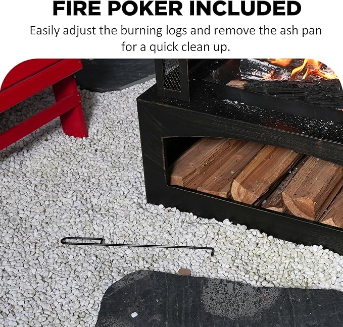 Red Mountain Valley 37in Outdoor Wood Burning Fireplace, Large Outdoor Fire Pit with Log Grate and Poker, Chimney Outside Fireplace with Firewood Racks Storage for Patio, Garden and Backyard-VerdiqueGarden