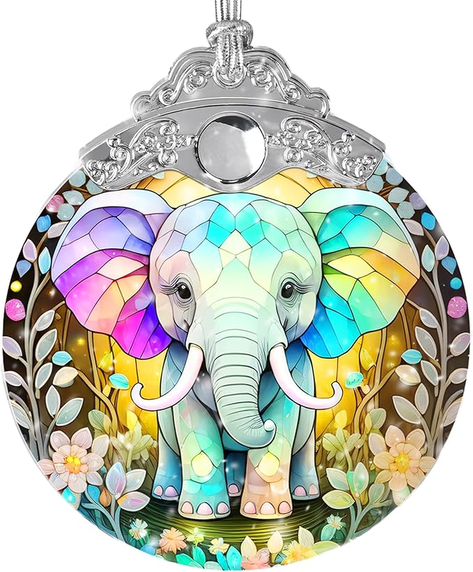 Stained Glass Suncatcher, Jocidea Elephant Ornament, Christmas Ornaments, Holidays Ornaments, Christmas Tree Decor, Elephant Decor for Home, Elephant Gifts-VerdiqueGarden