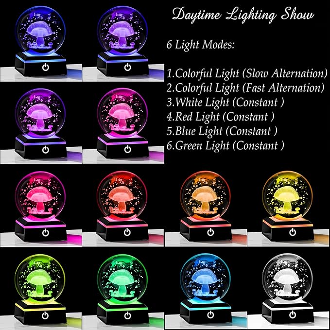Qianwei 3D Crystal Ball Night Light - 3.14'' Mushroom Decor Glass Plants Lamp Figurines Statue for Room Decoration-VerdiqueGarden