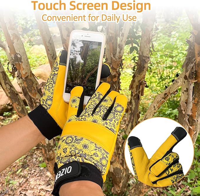 Cowhide Leather Thorn Proof & Puncture Resistant Gardening Gloves for Women and Men, Touchscreen Compatible Working Gloves for Weeding, Digging, Planting, Gardening Gifts for Women (Size Medium)-VerdiqueGarden