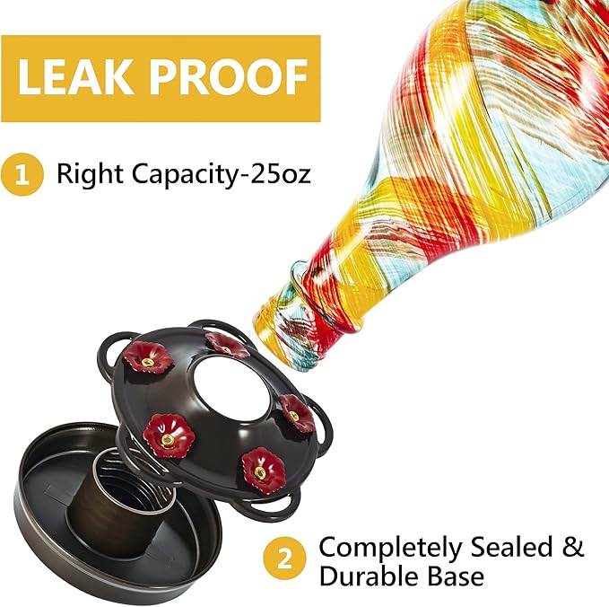 LUJII Hand Blown Glass Hummingbird Feeder for Outdoors Hanging with Ant Moat, 25 fl.oz, Leak Proof & Rustproof, Metal Base with 5 Feeding Ports & 5 Perches, Unique Garden & Backyard Decor (Ribbon)-VerdiqueGarden