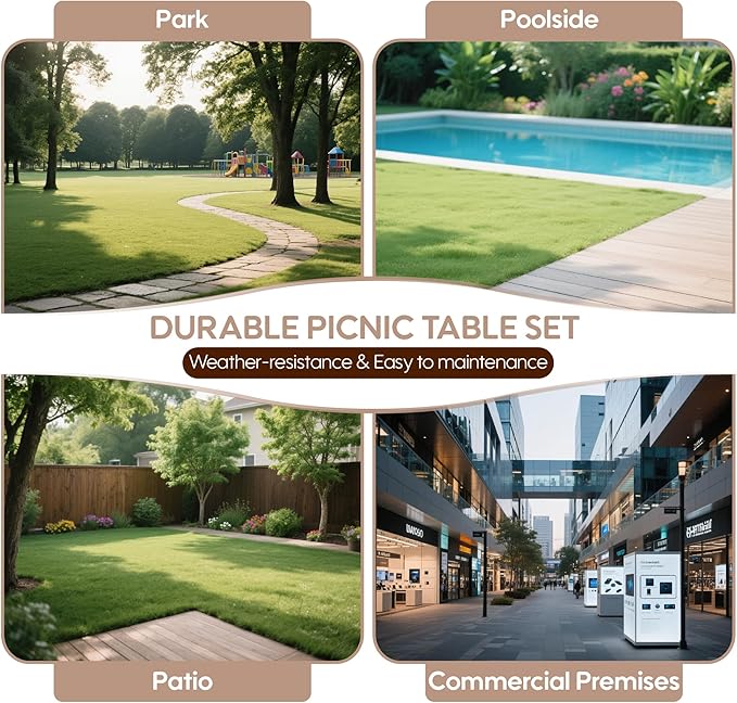 4FT Outdoor Picnic Table and Bench Set with 2" Umbrella Hole, WPC Tabletop Seattop Patio Dining Set for 4 People, Outdoor Dining Table and Chair for Park Garden Yard Patio- Brown-VerdiqueGarden