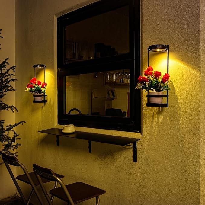 Solar Yard Wall Light with Plant Stands, Wireless Outdoor Solar Wall Lamp with 2 Modes & IP45 Waterproof Dusk to Dawn LED Outdoor Solar Lights for Garden Patio Yard Decoration (2Pack)-VerdiqueGarden