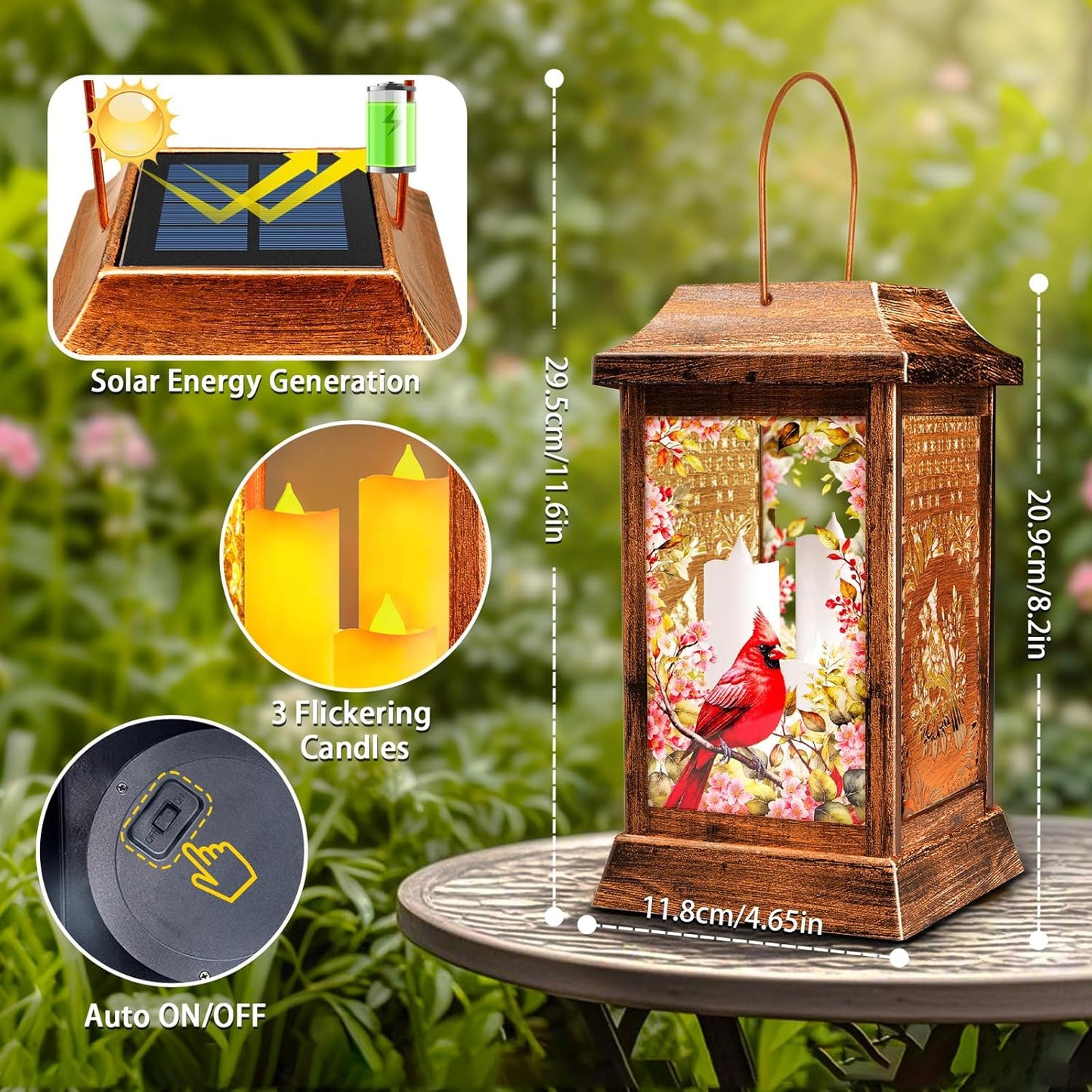 Cardinal Solar Lanterns Outdoor Waterproof, Metal & Glass Hanging Lights Garden Decor, Birthday Gifts for Women Mom Grandma Mothers Day, Decorative Lights for Outside Yard Patio Backyard Porch-VerdiqueGarden