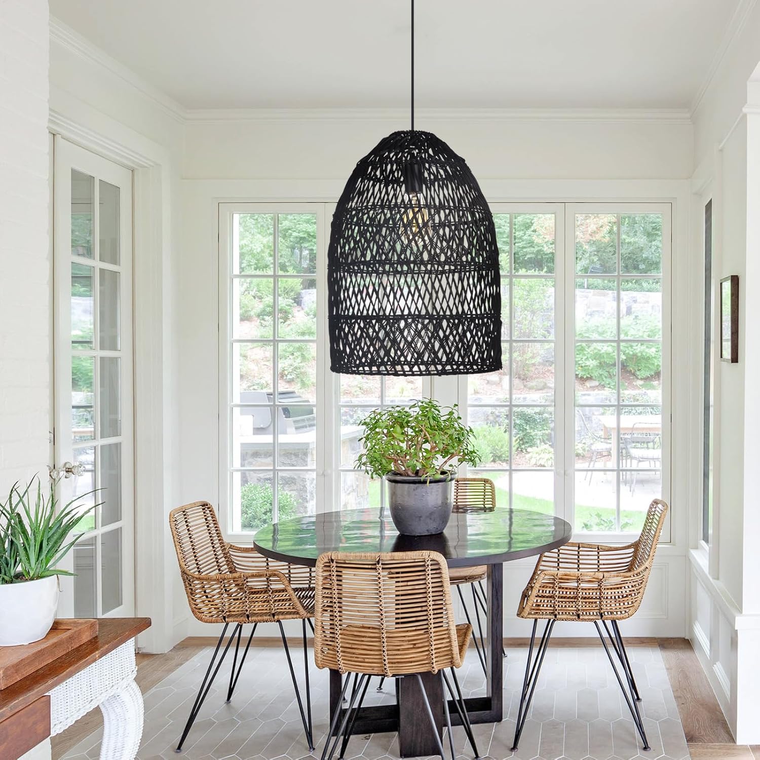 Arturesthome 1 Light Rustic Rattan Basket Pendant Light Boho Wicker Chandelier Coastal Handmade Crafts Lampshade, Farmhouse Hanging Ceiling Lighting for Dining Kitchen Island Black 13.75in*19.68in-VerdiqueGarden